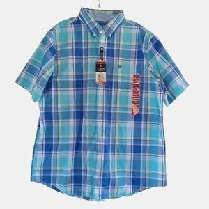 Chaps Men's Size XL Blue Plaid Short Sleeve Button Down Easy Care Shirt NWT